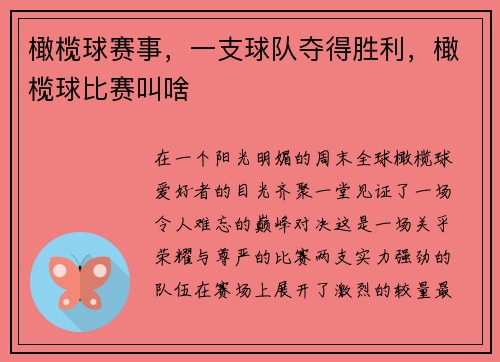橄榄球赛事，一支球队夺得胜利，橄榄球比赛叫啥