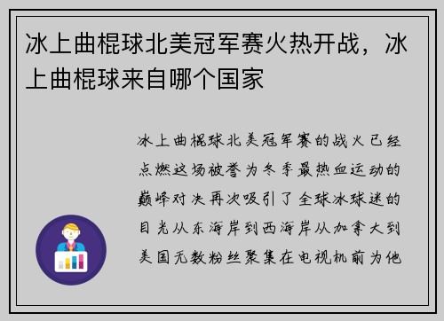 冰上曲棍球北美冠军赛火热开战，冰上曲棍球来自哪个国家