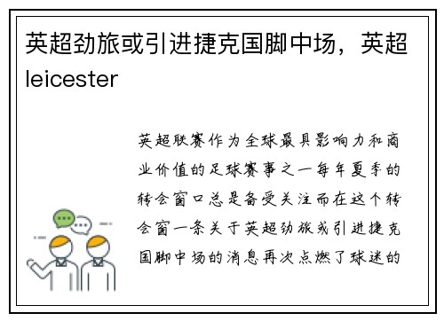 英超劲旅或引进捷克国脚中场，英超leicester