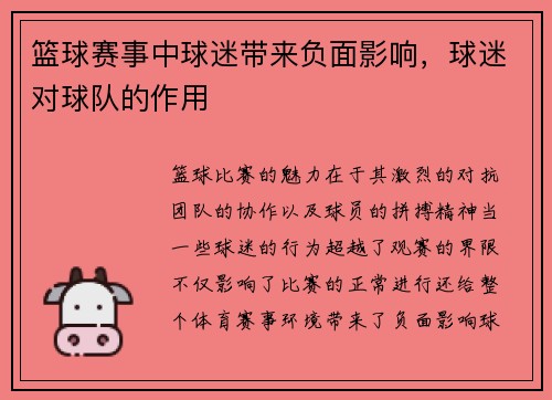 篮球赛事中球迷带来负面影响，球迷对球队的作用