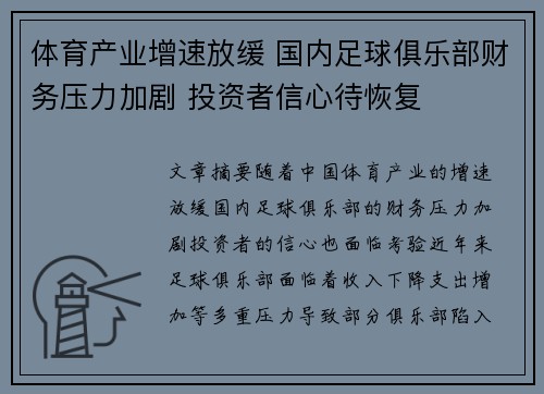 体育产业增速放缓 国内足球俱乐部财务压力加剧 投资者信心待恢复