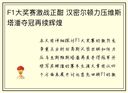 F1大奖赛激战正酣 汉密尔顿力压维斯塔潘夺冠再续辉煌